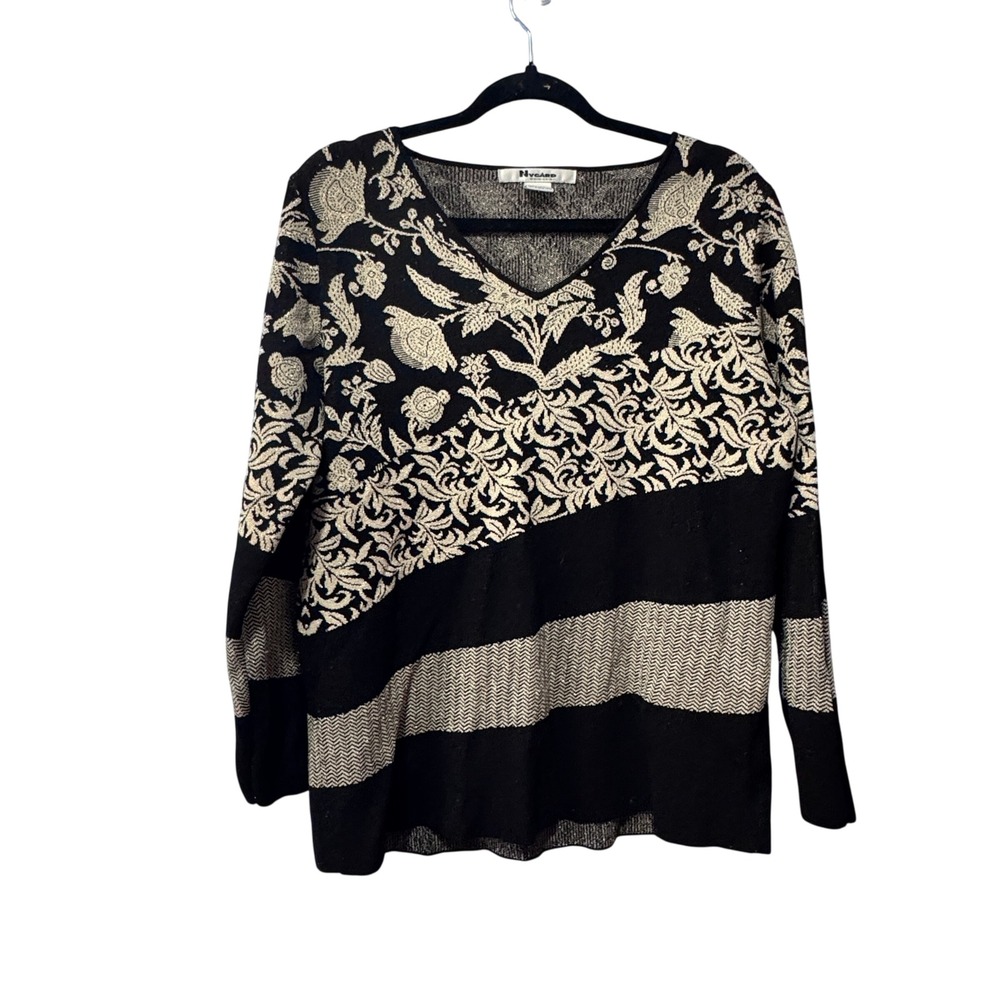 Nygard Collection Women's Sweater‎ M Black Beige gold thread V Neck Long Sleeve